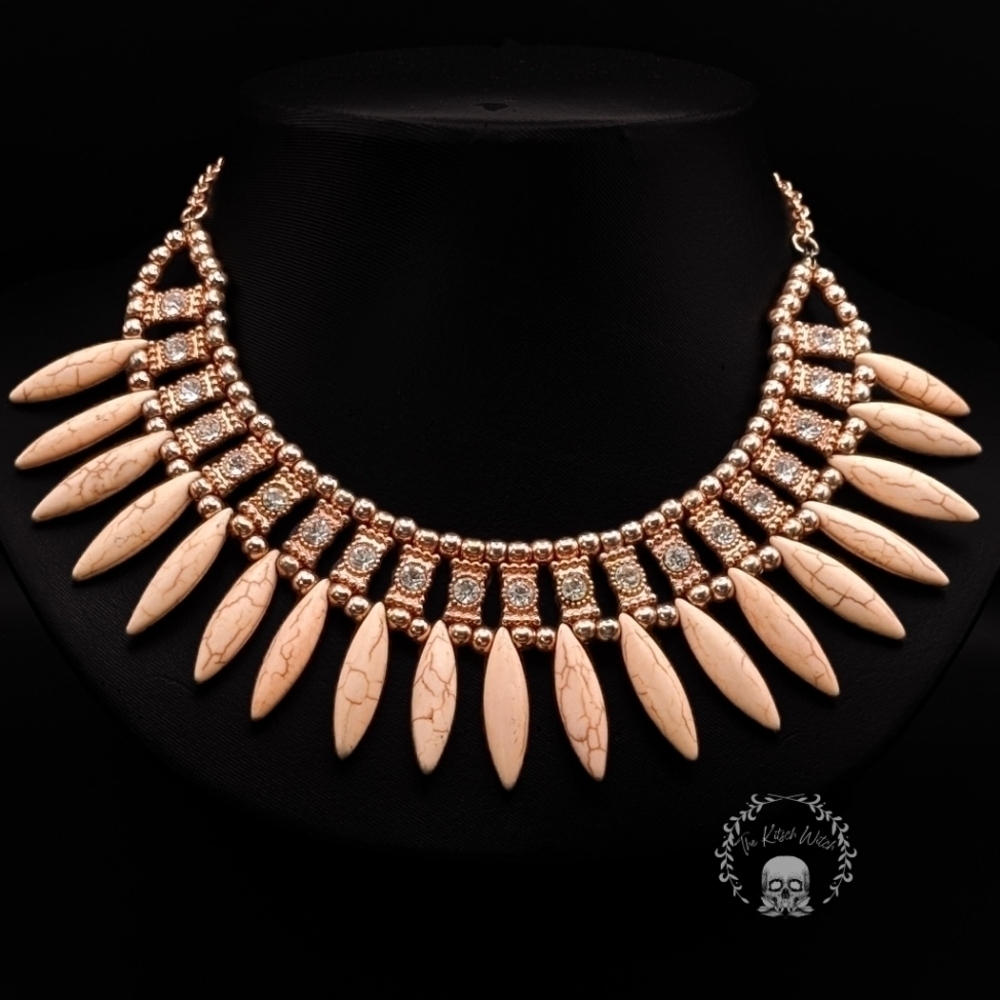 ROSE Gold Toned Faux Howlite Bib Statement Necklace with Rhinestone Accents